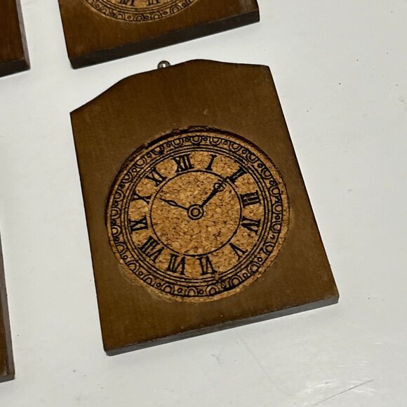 Vintage Wooden Clock Cork Coaster Set Holder 6 Piece Brown Wood Cup 5" - Picture 16 of 16